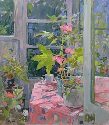 Geraniums ja vaaleanpunainen kangas